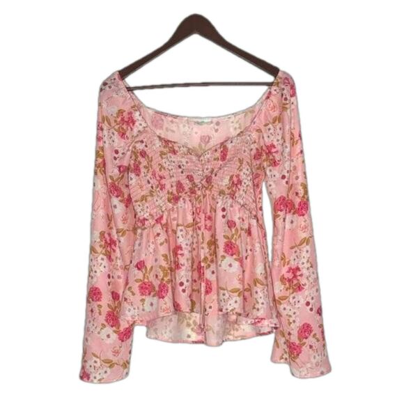 Peach Love California Women's Pink Floral Peplum Blouse‎ Top Size M Bell Sleeve - Picture 1 of 8